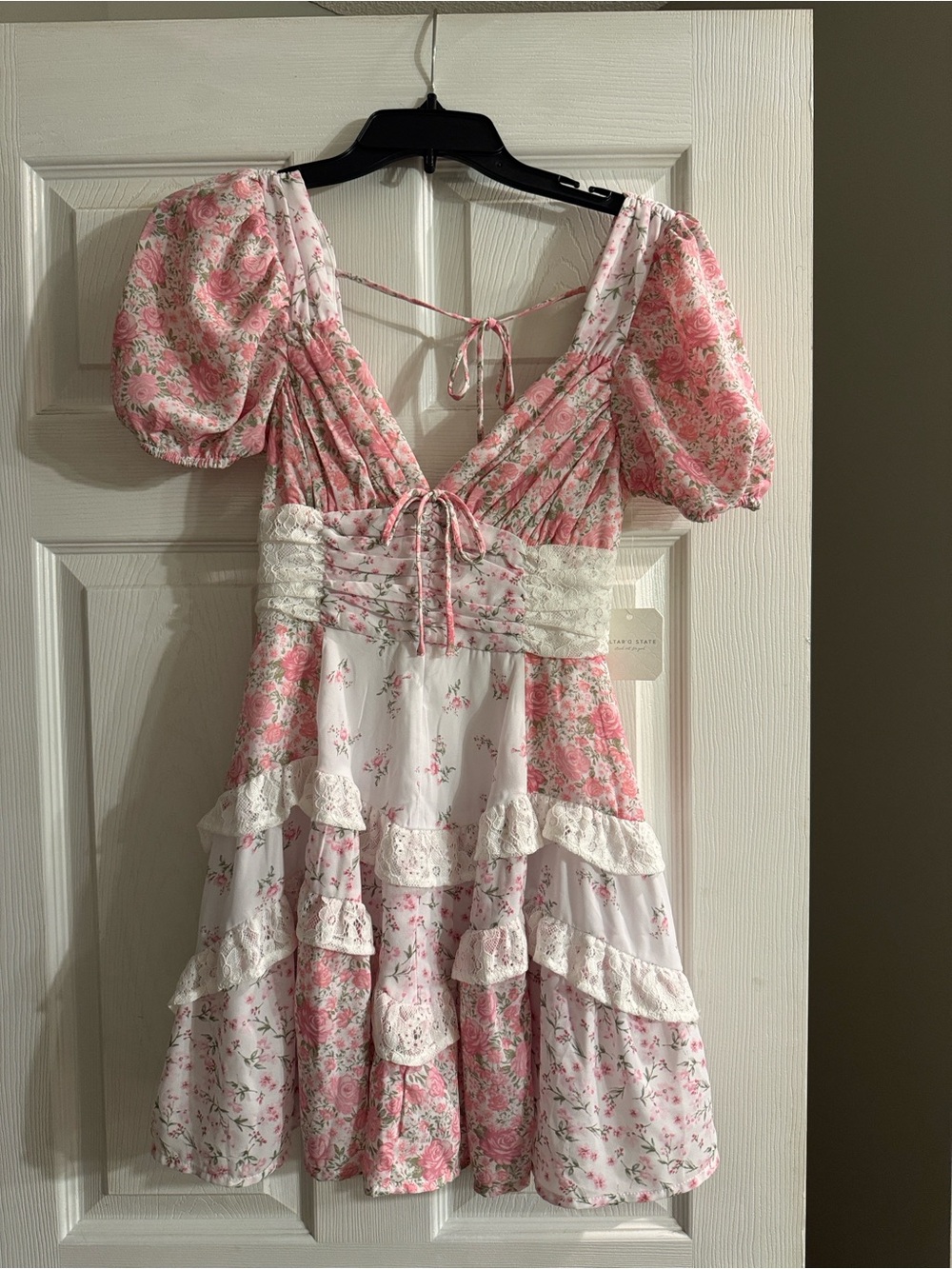 Altar’d State Pink Floral Lace-Trim Puff Sleeve Dress XXS NEW w/tag